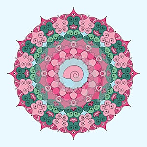 Vector colored round floral mandala spirals and shell in the middle - adult coloring book page