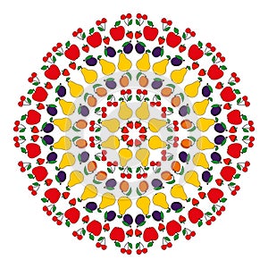 Vector colored round summer mandala with fruit - adult coloring book page -apple, pear, plum, cherry, strawberry and apri