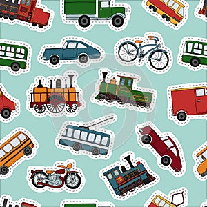 Vector colored seamless pattern of retro engines and transport stickers