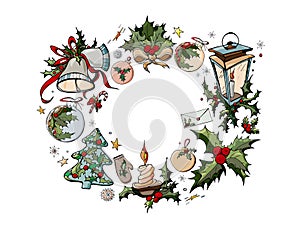 Vector colored sketch wreath of Christmas objects.  Set of New year colorful elements isolated on white.