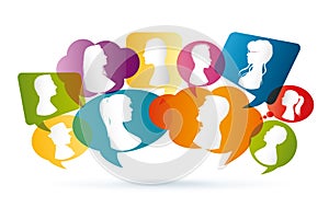 Vector colored Speech bubble. Group of people talking. Crowd talking. Profile silhouette. Communication between people