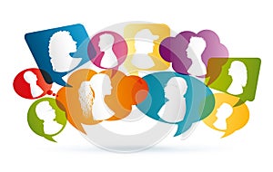 Vector colored Speech bubble. Profile silhouette. Group of people talking. Crowd talking. Communication between people