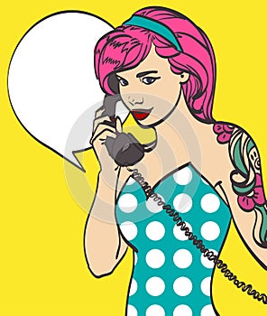 Vector colorful art of very beautiful subculture punk, hipster woman with phone, pin up, pop art illustration in vector