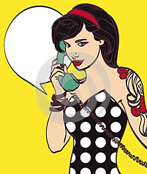 Vector colorful art of very beautiful subculture punk, hipster woman with phone, pin up, pop art illustration in vector