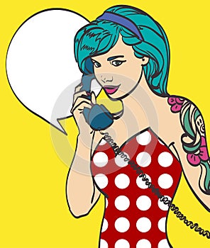 Vector colorful art of very beautiful subculture punk, hipster woman with phone, pin up, pop art illustration in vector photo