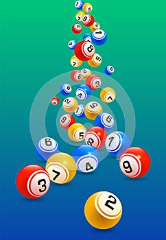 Vector colorful bingo balls falling randomly isolated on blue green background