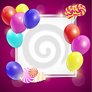 Vector colorful birthday card with balloons and candies.