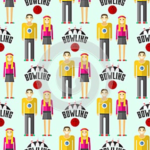 Vector colorful bowling seamless pattern background sport strike pin symbol ball skittle game equipment illustration.