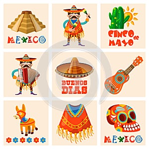 Vector colorful cards set about Mexico. Cinco de mayo. Travel poster with mexican items.