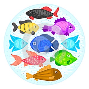 Vector colorful cartoon fish in circular shape. Undersea world. Aquarium. Cute marine life. Pisces