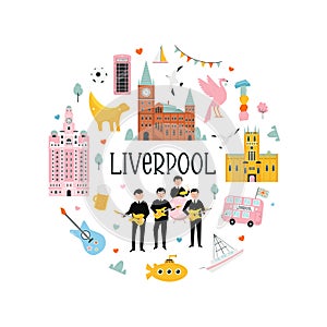 Vector colorful cicrcle design, banner with icons, famous symbols of Liverpool