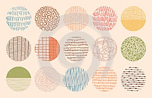 Vector colorful circle textures made with ink, pencil, brush. Geometric doodle shapes of spots, dots, strokes, stripes