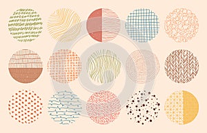 Vector colorful circle textures made with ink, pencil, brush. Geometric doodle shapes of spots, dots, strokes, stripes