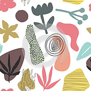 Vector colorful collage contemporary natural seamless pattern. Modern abstract shapes, hand drawn textures and plants.