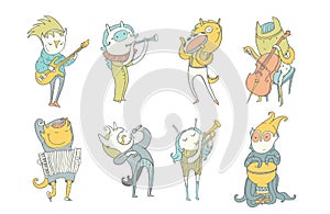 Vector colorful collection with lovely monsters, playing musical instruments, singing. Creatures play accordion, trumpet, drum, gu