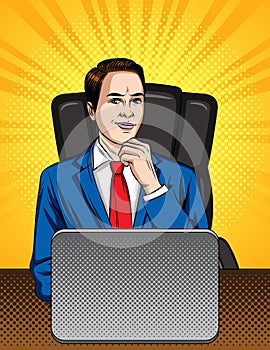 Vector colorful comic pop art style illustration of a manager sitting on the chair in the office.