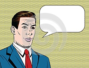 Vector colorful comic style illustration of a businessman with emotional face over dot background.