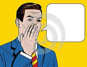 Vector colorful comic style illustration of a man in suit telling a secret to someone.