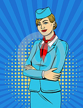 Vector colorful comic style illustration with smiling stewardess over halftone dot background