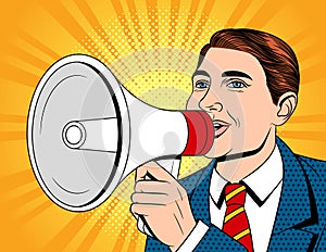 Vector colorful comics style illustration of a businessman with a mouthpiece in his hand. photo