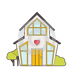 Vector colorful contour illustration of a cute country house. Dollhouse front view. Rental and sale of housing. Outline picture of