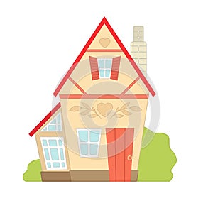 Vector colorful contour illustration of a cute country house. Dollhouse. Rental and sale of housing. Outline picture of a suburban