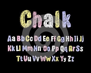 Vector Colorful Crayons Drawn Font Isolated on Black Background, Pastel Colored Letters, Alphabet. photo