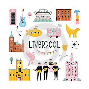 Vector colorful design, banner with icons, famous symbols of Liverpool