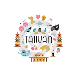 Vector colorful design, banner with icons, famous symbols of Taiwan