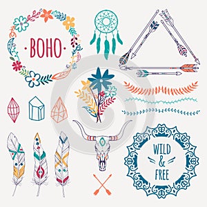 Vector colorful ethnic set with arrows, feathers, crystals