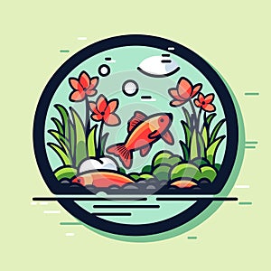 Vector of a colorful fish swimming gracefully among vibrant flowers in a serene pond