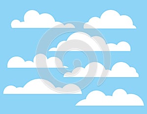 Vector colorful flat style illustration of a fluffy clouds on a background of a blue sky.