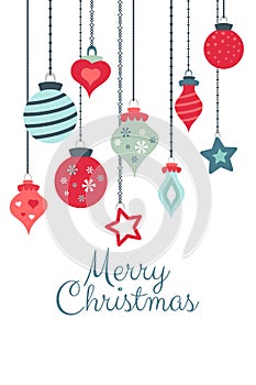 Vector colorful greetings cards for Merry Christmas with balls, tree, flower, garlands, text