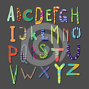 Vector colorful hand drawn Alphabet. Letters with patterns. Typeface. Font.
