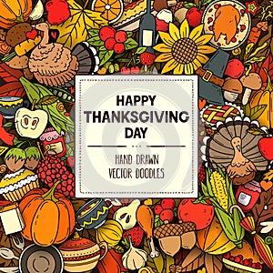 Vector colorful hand drawn banner with Thanksgiving symbols and objects