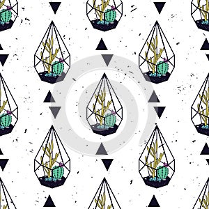 Vector colorful hand drawn seamless pattern with triangles, cactuses and succulents in terrariums