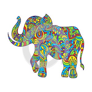 Vector colorful hand drawn zentagle illustration of an elephant.