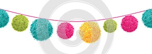 Vector Colorful Happy Birthday Party Pom Poms Set On A String Horizontal Seamless Repeat Border Pattern. Great for