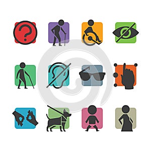 Vector colorful icon set of access signs for physically disabled people