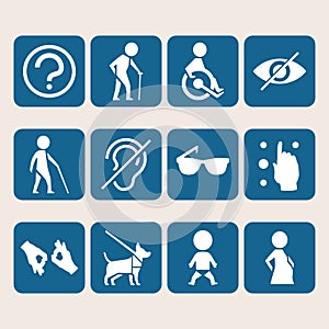 Vector colorful icon set of access signs for physically disabled people