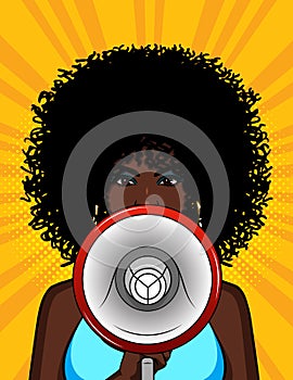 Vector colorful illustration of an african american girl with a loudspeaker in her hand.