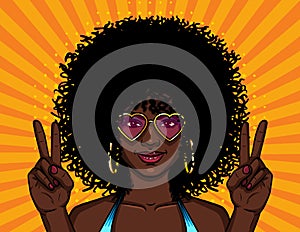 Vector colorful illustration of african american hippie woman in pink sunglasses over halftone yellow background. photo