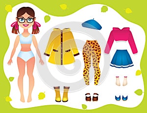 Vector colorful illustration of autumn wardrobe clothing for teen girl.