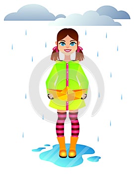 Vector colorful illustration of an autumn weather with cute little girl.