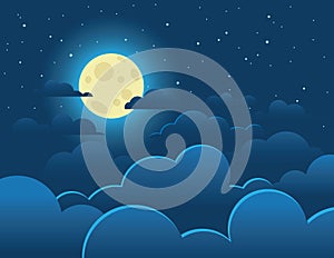 Vector colorful illustration of a bright full moon on a background of a dark sky