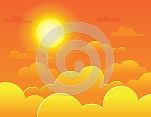 Vector colorful illustration of a bright full sun on a background of a orange sky.