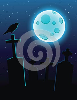 Vector colorful illustration of a cemetery with moonlight over a dark blue sky.