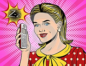 Vector colorful illustration comic style of a beautiful woman going to pick up the phone.