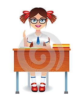 Vector colorful illustration of cute intelligent girl sitting in class at table