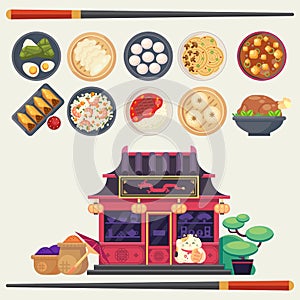 Vector colorful illustration in flat style with Different Types of Asian Cuisinefor menu and traditional Chinese food shop